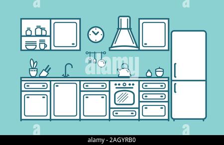 Set cucina, mobili in stile piatto lineare. Illustrazione vettoriale cartoon Illustrazione Vettoriale