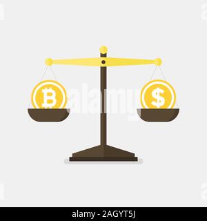 Bitcoin vs dollaro concetto vettoriale con bilance di precisione. Design piatto vettore. Illustrazione Vettoriale