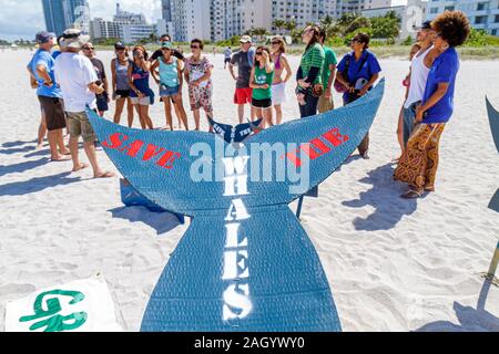 Miami Beach Florida,Greenpeace,dimostrazione,protesta,salvare le balene,organizzatore,organizzare,segno,gruppo,sostenitori,FL100526026 Foto Stock