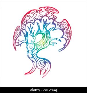 Illustrazione a colori di un bocciolo walking tree sulle radici. Albero della vita con ornamento. Illustrazione Vettoriale