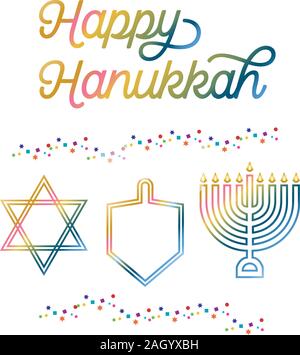 Vettore colorate Hanukkah icone e testo Illustrazione Vettoriale