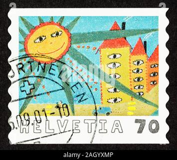 Chiusura del francobollo da bambini timbro del concorso di design in Svizzera 2000. Scott # 1081. Foto Stock