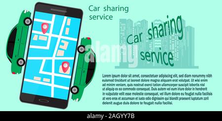 Car sharing concetto con auto e smartphone. illustrazione vettoriale. Illustrazione Vettoriale