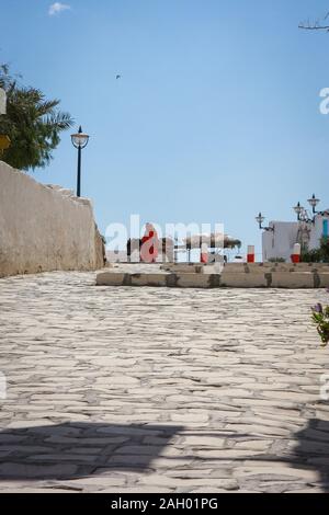 Una donna vestita con abiti rossi che conduce un carrello con un asino con carico in una giornata di sole a Hergla, Tunisia Foto Stock