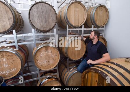 16 dicembre 2019, Sassonia-Anhalt, Zeitz: Daniel Rost, mastro distillatore e proprietario dell'impresa Zeitzer Whisky Manufaktur è in piedi nella sua botte store. Circa 22000 litri di alcole puro brucia la ruggine per anno a Zeitz. Nuovo barili vengono aggiunti regolarmente al magazzino e un massimo di un barile al mese viene imbottigliato. In questo momento i tre e i cinque anni di whisky è disponibile. La domanda è aumentata significativamente prima di Natale, dice il chimico addestrato. Secondo l'Associazione tedesca delle distillerie di whisky, la quota di mercato di lingua tedesca il whisky è 0,4%. Ci sono attualmente 210 whisky distilleri Foto Stock