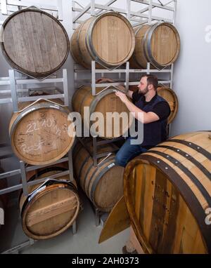 16 dicembre 2019, Sassonia-Anhalt, Zeitz: Daniel Rost, mastro distillatore e proprietario dell'impresa Zeitzer Whisky Manufaktur è in piedi nella sua botte store. Circa 22.000 litri di alcole puro brucia la ruggine per anno a Zeitz. Nuovo barili vengono aggiunti regolarmente al magazzino e un massimo di un barile al mese viene imbottigliato. In questo momento i tre e i cinque anni di whisky è disponibile. La domanda è aumentata significativamente prima di Natale, dice il chimico addestrato. Secondo l'Associazione tedesca delle distillerie di whisky, la quota di mercato di lingua tedesca il whisky è 0,4%. Ci sono attualmente 210 whisky distille Foto Stock