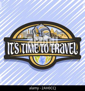 Il logo del vettore per agenzia di viaggi, cartello nero con illustrazioni di fama europea e asiatica di luoghi, font decorativi per parole è il tempo di viaggio o Illustrazione Vettoriale
