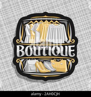 Il logo del vettore per Boutique, tag nero con illustrazione dei vestiti da donna appeso sul cestello in una fila, pennello decorativo tipografico per word boutique, segno b Illustrazione Vettoriale