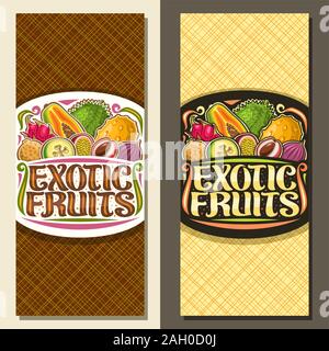 Formati vettoriali per frutti esotici, brochure con illustrazione delle varietà di pelo sani frutti, depliant con spazzola originale di scritte per parole esotica fr Illustrazione Vettoriale