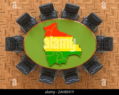 Del governo boliviano riunione. Mappa della Bolivia per la tavola rotonda, rendering 3D Foto Stock