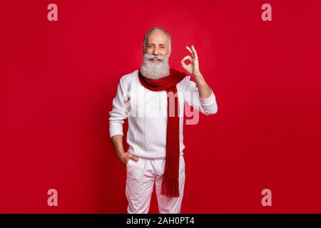 Ritratto di affascinante nonno rendendo ok pubblicità segno bianco che indossa un maglione Pantaloni Pantaloni isolate su sfondo rosso Foto Stock