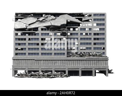 Distrutto edificio pubblico isolato su bianco. Il rendering 3D Foto Stock