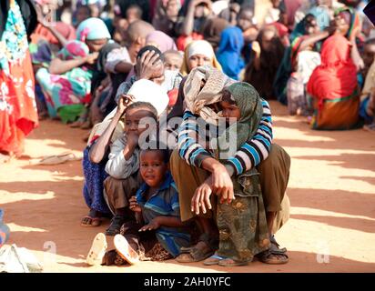 I rifugiati dalla Somalia che fuggono dalla guerra civile e di peggiore siccità per 60 anni in attesa di essere elaborati a Dadaab campo profughi al confine con il Kenya. Foto Stock