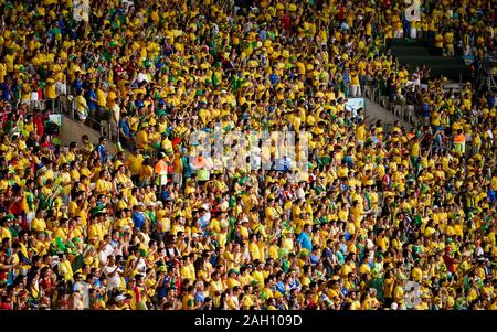 Il brasiliano gli appassionati di calcio a guardare una partita di calcio internazionale a Fortaleza, Brasile, durante la Coppa del Mondo 2014. Foto Stock