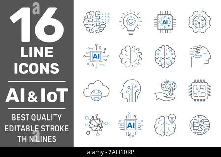 Icona sottile impostato con machine learning smart robotica, il cloud computing di rete digitale, intelligenza artificiale e tecnologia IoT. Corsa modificabile. EPS 10 Illustrazione Vettoriale