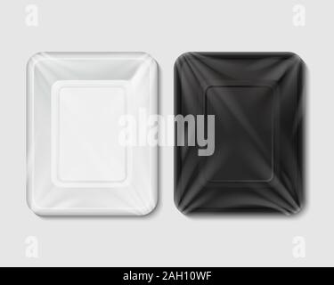 Imballaggi in plastica per prodotti alimentari. In bianco e nero in plastica vuoto vassoio. Immagine vettoriale di isolamento è su uno sfondo trasparente Illustrazione Vettoriale