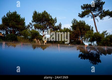 alberi verdi riflessi contro un cielo blu in francia Foto Stock