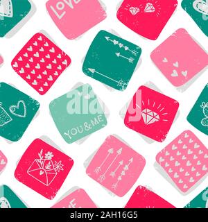 Carino disegnato a mano il giorno di San Valentino seamless pattern, scarabocchi romantico sfondo con cuori, frecce, diamanti e tipo - grande per i prodotti tessili, avvolgente, b Foto Stock