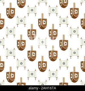 Illustrazione sul tema grande disegno colorato Hanukkah, insieme senza soluzione di continuità dreidel. Seamless disegno costituito da collezione dreidel, accessorio Hanukka vacanze Illustrazione Vettoriale