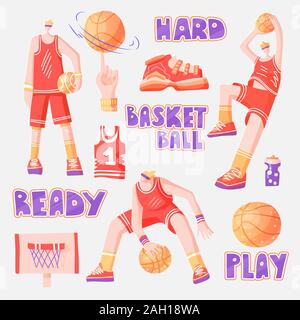 Vettore set piana del basket - i giocatori di basket, basket, sfera, sneakers. Vettore collezione sport in moderno stile piatto con Orange, colore magenta Illustrazione Vettoriale
