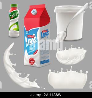 Tutto lo yogurt di latte e crema di latte grande splash set, colata e schizzi vettore 3d illustrazione realistica, diario prodotto di bevanda gli elementi di design, imballaggio Illustrazione Vettoriale
