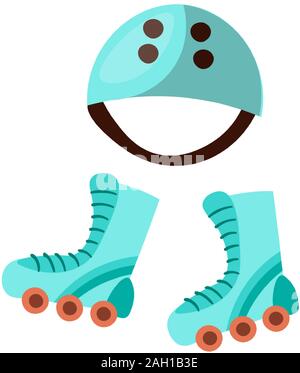 Bimbi sport roller skate e attrezzature - salva skate casco e rulli, colori blu, isolato su bianco in stile cartone animato Illustrazione Vettoriale