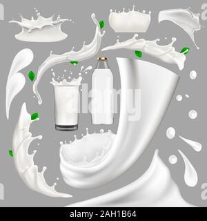 Tutto lo yogurt di latte e crema di latte grande splash set, colata e schizzi vettore 3d illustrazione realistica, diario prodotto di bevanda gli elementi di design, imballaggio Illustrazione Vettoriale