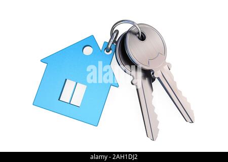 3D immagine: Blu trasparente portachiavi in vetro a forma di una casa con un tubo ed una finestra collegata mediante un anello con due tasti in metallo. Foto Stock