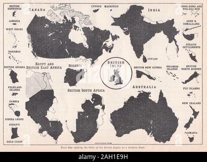 Vintage mappa blocco di mostrare le parti dell'impero britannico su una scala uniforme Foto Stock