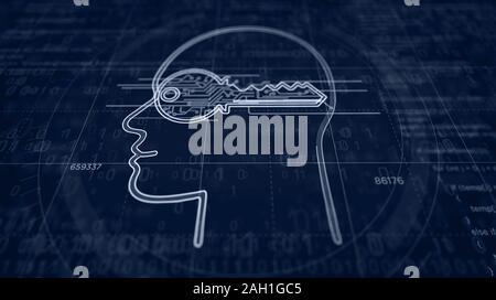 Cyber privacy la creazione del progetto. Concetto astratto di crittografia, impianto, intelligenza artificiale, mente cibernetica e privati di sicurezza dati 3d illustr Foto Stock