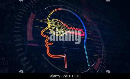 Cyber privacy la creazione del progetto. Concetto astratto di crittografia, impianto, intelligenza artificiale, mente cibernetica e privati di sicurezza dati 3d illustr Foto Stock