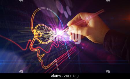 Cyber privacy la creazione del progetto. Concetto astratto di crittografia, impianto, intelligenza artificiale, mente cibernetica e privati di sicurezza dati 3d illustr Foto Stock