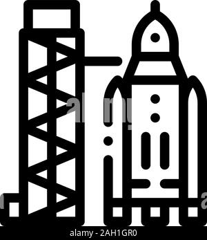 Tower con nave spaziale icona illustrazione di contorno Illustrazione Vettoriale