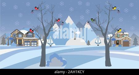 In inverno il paesaggio innevato con le case, gli alberi e le montagne. Suburban edifici nel paesaggio invernale. Appartamento illustrazione vettoriale. Casa dettagliata progettazione. Due Illustrazione Vettoriale