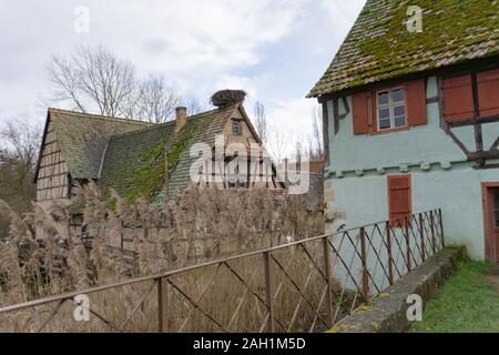 Ungersheim, Haut-Rhin / Francia - 13. Dicembre, 2019: vista del centro storico di metà-case con travi di legno nella regione francese dell'Alsazia Foto Stock