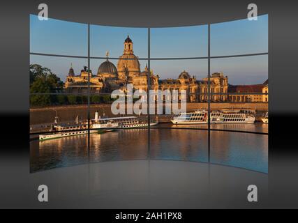 Vista sul fiume Elba a Bruehls terrazza e la città vecchia di Dresda, Sassonia, Germania, Europa Foto Stock