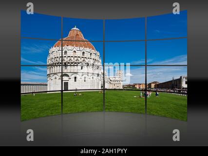 Vista sulla piazza della cattedrale per il battistero e il Duomo di Santa Maria Assunta e la Torre Pendente di Pisa, Toscana, Italia centrale, Italia, Europa Foto Stock