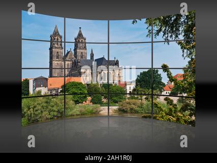 Vista sulla Elbe-River alla Cattedrale di Magdeburg. La cattedrale protestante di Magdeburgo, Sassonia-Anhalt, Germania, Europa Foto Stock