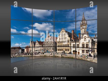 Vista dal Korenlei sul fiume Lys per le case storiche del Graslei, Ghent, Belgio, Europa Foto Stock