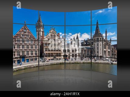 Vista dal Korenlei sul fiume Lys per le case storiche del Graslei, Ghent, Belgio, Europa Foto Stock