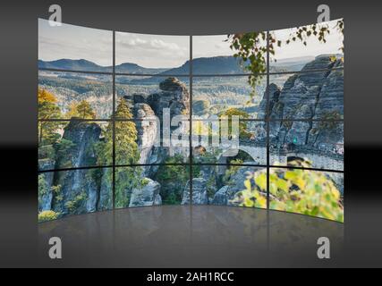 Vista da Ferdinando pietra per la spettacolare formazione rocciosa Bastei (Bastion) e Bastei Bridge, Sassonia, Germania, Europa Foto Stock