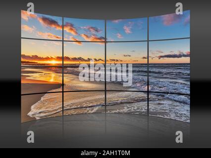 Una parete curva. 16 piccole immagini danno un'immagine intera. Tramonto sulla spiaggia del Mar Baltico in Kolobrzeg, la Pomerania Occidentale, Polonia, Europa Foto Stock