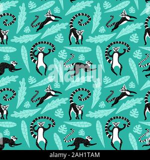 Modello senza cuciture con simpatici lemuri e foglie. In bianco e nero di animali su sfondo verde. Illustrazione Vettoriale. Illustrazione Vettoriale