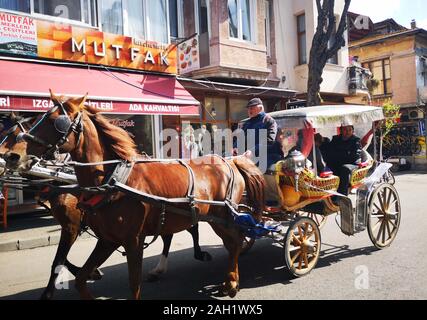 Istanbul. Xxi Aprile, 2019. Foto realizzata il 21 aprile 2019 illustra una carrozza trainata da cavalli su Princes' Isole ad Istanbul in Turchia. Il sindaco di Istanbul ha annunciato a Dic. 23 che carrozze trainate da cavalli sulla città e sul suo isole sarebbe definitivamente bandito a seguito di una recente epidemia di morva. Credito: Xu Suhui/Xinhua/Alamy Live News Foto Stock