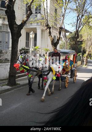 Istanbul. Xxi Aprile, 2019. Foto realizzata il 21 aprile 2019 illustra una carrozza trainata da cavalli su Princes' Isole ad Istanbul in Turchia. Il sindaco di Istanbul ha annunciato a Dic. 23 che carrozze trainate da cavalli sulla città e sul suo isole sarebbe definitivamente bandito a seguito di una recente epidemia di morva. Credito: Xu Suhui/Xinhua/Alamy Live News Foto Stock