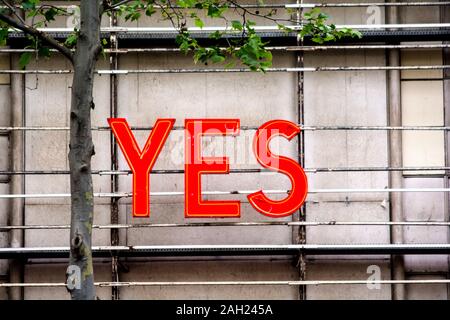 Un segno con neon rosso lettere della parola "sì", all'esterno su una parete, accanto a un albero Foto Stock
