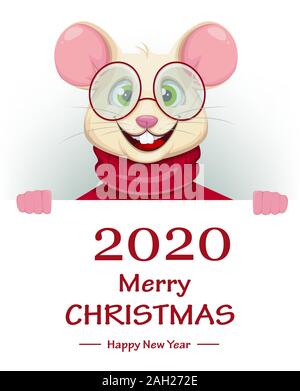 Buon Natale e Felice Anno Nuovo 2020 biglietto di auguri con divertenti rat in bicchieri. Divertente personaggio dei fumetti rat. Illustrazione Vettoriale. Illustrazione Vettoriale