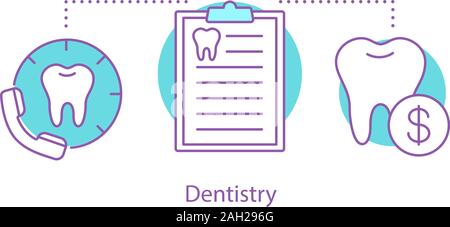 Concetto di odontoiatria icona. Appuntamento dal dentista. Stomatologia. Servizi odontoiatrici prezzi idea sottile linea illustrazione. Il vettore isolato disegno di contorno Illustrazione Vettoriale