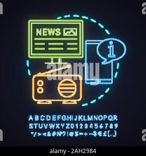 News studio luce al neon concetto icona. Mass media idea. Giornale elettronico, la radiodiffusione, info chat. Segno incandescente con alfabeto, numeri e sym Illustrazione Vettoriale