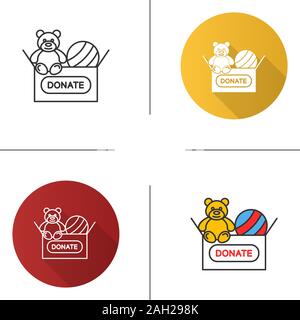 Giocattoli donando icona. Design piatto, lineare e stili colore. La carità per i bambini. Casella di donazione con Teddy bear e la sfera. Isolato illustrazioni vettoriali Illustrazione Vettoriale